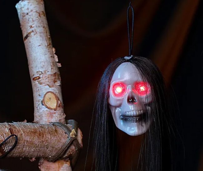 Halloween Hanging Ghost Skull with Long Hair Glowing Eyes