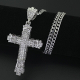 Hip Hop Style Diamond Cross Pendant Necklace with Cuban Chain